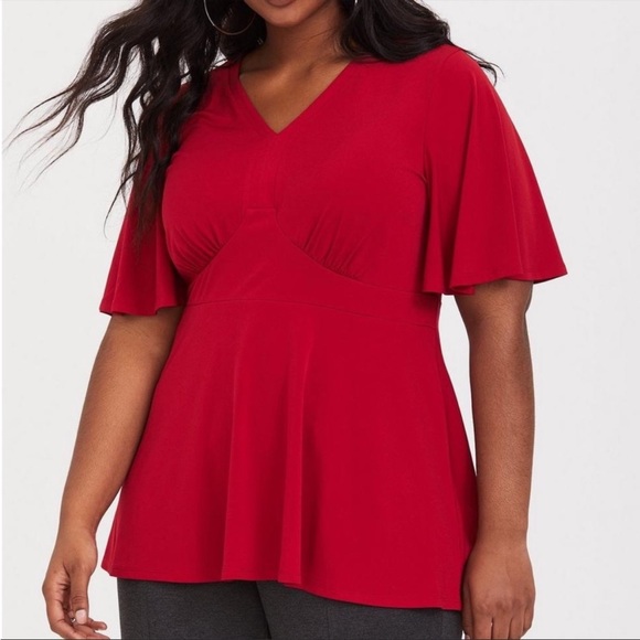 Torrid Red Studio Knit V-Neck Flutter Sleeve Peplum Top 1X - Picture 1 of 10